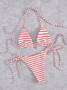 Nuevo conjunto de bikini de triángulo a rayas con decoración de colgante metálico, traje de baño para fiesta y playa con tirantes finos y espalda descubierta para mujeres de vacaciones en color rojo - Rojo - Ver 5