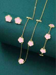 3 件套时尚百搭幸运五瓣花耳环、手链和项链套装 - 粉色 - 查看 2