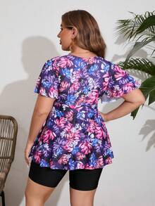 VETACATS Women Plus Size Tankini Set, Floral Print Sporty Swimsuit With Front Drawstring, Ruffle Trim, V-Neck, Stretchy Tank Top And Shorts, 2 Pcs