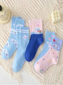 Sanrio 5pcs/Set Sanrio Style Blue Toned Cartoon Design Premium Cotton Crew Socks For Women