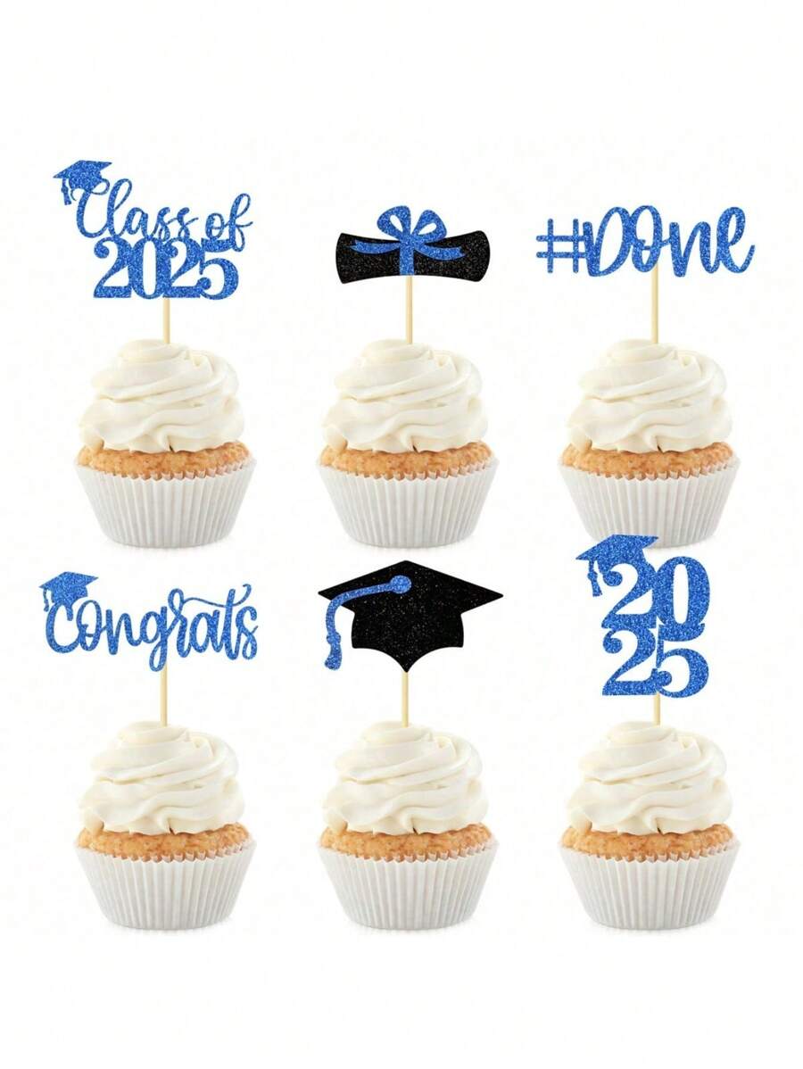 Graduation Cupcake Toppers Grad Party Decoration Food Picks Congrats Glitter Diploma Cap School Colors Supplies 24 PCS Purple Gold