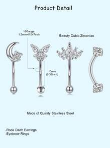 4 件优雅 Rook Daith 耳环，眉环 16G 不锈钢肚唇环软骨 Rook Daith 耳环 CZ 身体穿孔弯曲杠铃，女士男士日常佩戴 - 彩色 - 查看 2