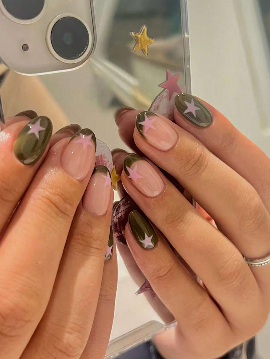 24Pcs Short Oval Star Pattern Design French Tip Press On Nails Short Perfect Fit Acrylic False Nail Set, Include: 1Pc Jelly Glue And 1Pc Nail File, French Tip Nails For Women And Girls Daily Life Rave Party Use Nail Supplies Nails - Multicolor - View 1