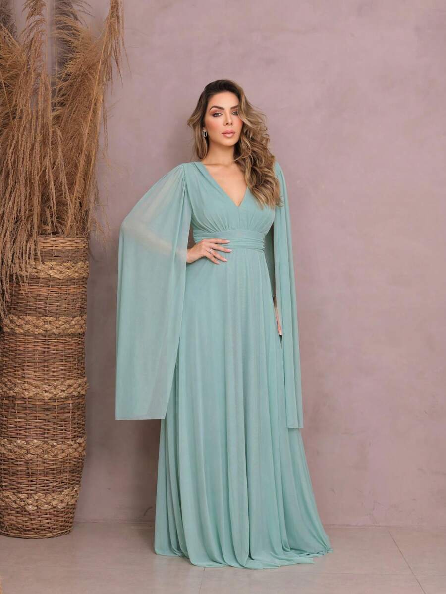Women's Long Party Dress Slit Cape Sleeve V Neck Solid Color Elegant New Year's Eve Plus Size - Màu xanh Bạc hà - Xem 1