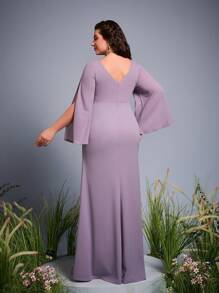 Magicy Plus Size V-Neck Asymmetrical Crossed Draped Butterfly Decorated Button Split Long Sleeve Mermaid Bodycon Long Dress Bridesmaid Dress