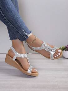 2022 Spring & Summer Women Rhinestone Embellished Peep Toe Comfortable Versatile Wedge Roman Style Sandals - Silver - View 1