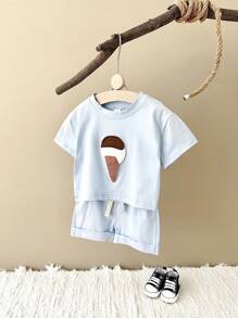 2 件套婴儿/幼儿男女款休闲冰淇淋拼布短袖 T 恤和短裤夏季服装