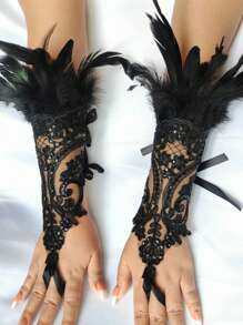 1 双哥特式蕾丝羽毛露指手套，长袖腕口，女士服装配饰，万圣节