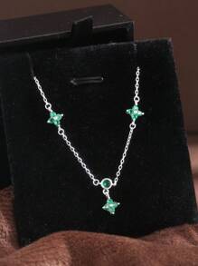 1pc 925 Sterling Silver Four-Leaf Clover Zirconia Pendant Necklace, Fashionable Delicate Collarbone Chain, Exquisite Gift For Women - Silver - View 1