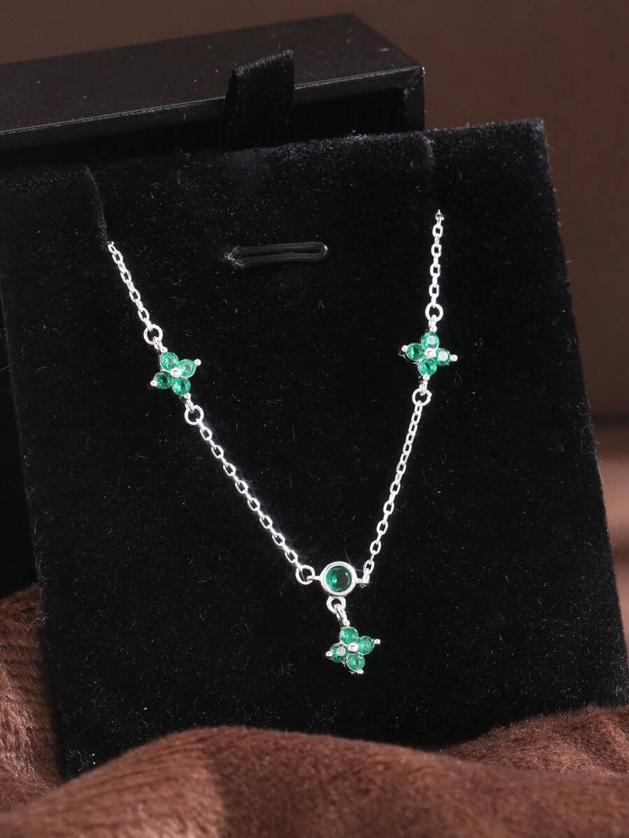 1pc 925 Sterling Silver Four-Leaf Clover Zirconia Pendant Necklace, Fashionable Delicate Collarbone Chain, Exquisite Gift For Women - Silver - View 1