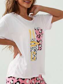 Pimavera y Verano Conjuntos de Descanso para Mujeres Ropa de Dormir para Mujeres, Pijama con estampado de dibujos animados, Incluye una camiseta de manga corta, un pantalón corto - Multicolor - Ver 9