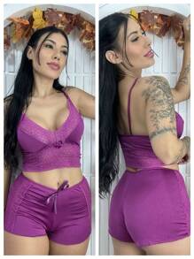Women's Babydoll With Lace Details In Nightwear Short Pajamas - Màu tím - Xem 4