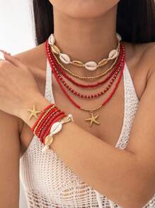 imoli 2pcs/Set Bohemian Beach Style Colorful Beaded Handmade Starfish Necklace & Bracelet Jewelry Set For Women, Party Gift (Random Color Beads, Handmade Chain Length & Seashell Size May Vary) - Multicolor - View 5