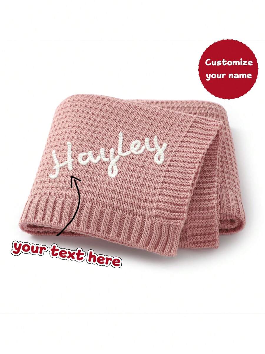 Customizable Handcrafted Embroidered Children Knitted Blanket, Baby Name Blanket For Nursery Decor, Stroller Blanket - Pink - View 1