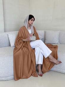 Women Solid Color Long Cardigan With Belt And Batwing Sleeves, Modest Middle Eastern Style Outwear For Autumn/Winter - No Headscarf - Khaki - View 3