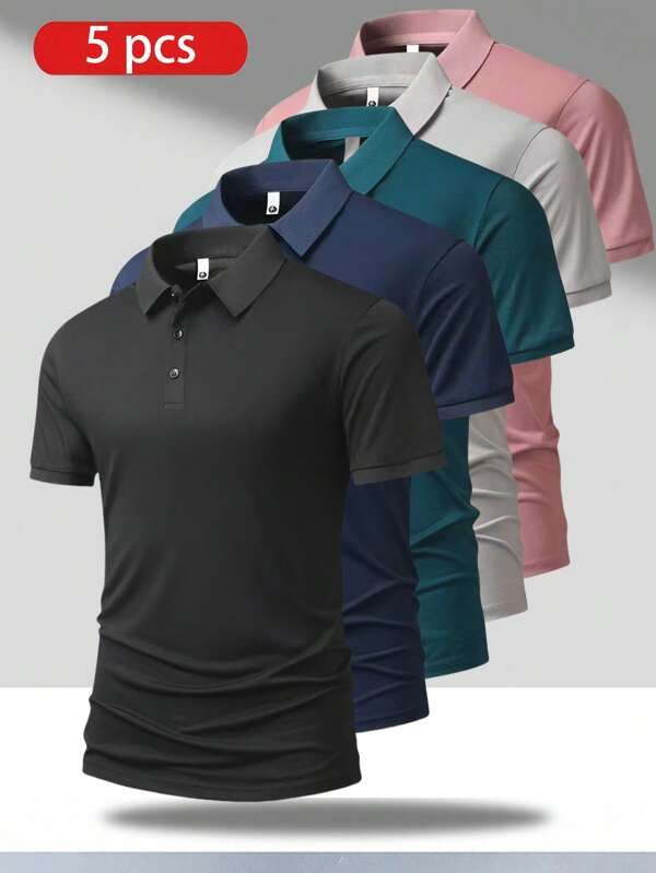 5 piezas de camisas polo de manga corta, ligeras, transpirables, para running, actividad física y uso casual de verano, estilo boyfriend para hombres