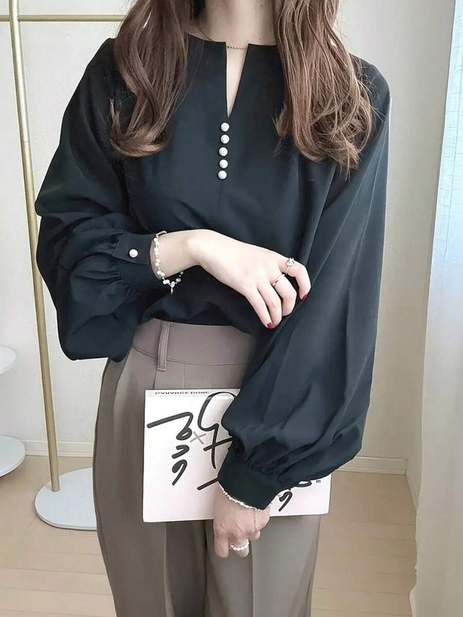 纯色前开襟长袖休闲衬衫,女装,珍珠纽扣,黑色春季款 - 黑色 - 查看 1