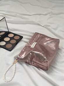 Portable, Fashionable, Shiny Large Capacity Makeup Bag With Pearl Pendant, Travel Cosmetic Organizer Pouch, Toiletry Bag, Suitable For Storing Toiletries, Cosmetics, Makeup Brushes, Accessories, Travel, Home Organization, Travel Essential, Dorm Supplies, Bridal Gift, Mother's Day Gift, Best Friend Gift, Birthday Gift, Souvenir, Home Storage Essential, Can Be Used In Bathroom, Living Room Or Bedroom - Multicolor - View 6