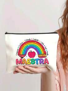 最佳教师字母印花化妆包，教师礼物，旅行礼品袋拉链袋，轻便收纳袋 - 米色 - 查看 5