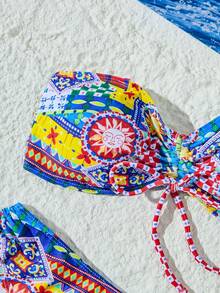 2pcs Beach Print Random Pattern Removable Strap Halter And Bottoms Spaghetti Strap Bikini Swimwear Set For Women - Multicolor - View 3