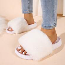 European Style Fluffy Slip-On Slippers For Women, Indoor & Outdoor Wear, Fashionable Faux Fur Flat Versatile Soft Sole All Season Shoes - White - View 5