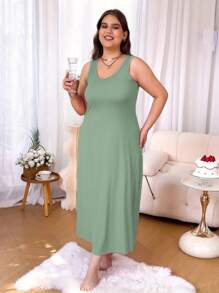 1 件大码女式优雅睡袍，纯色圆领舒适吊带宽松睡衣 - 綠色 - 查看 3