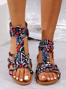 Girl's Student Back Zipper Flat Sandals, New Summer Korean Fairy Style Versatile Soft Bottom Roman Sandals