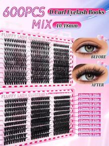 600 piezas Extensiones de pestañas individuales con rizado D, 6 estilos de 30D+40D+50D+60D+80D+100D, de 10-18mm, extra gruesas y naturales con volumen dramático, ultra suaves y súper ligeras, reutilizables, kit de extensión de pestañas segmentadas falsas para uso personal en casa para la vida diaria, boda, cita, fiesta, festival de música, viaje y primavera