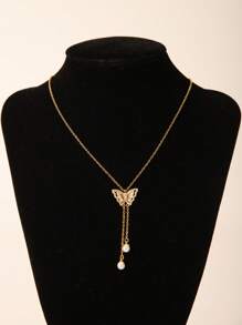 1 件时尚可爱红宝石樱桃、蝴蝶珍珠、圆形锆石吊坠项链，18k 不锈钢链，适合女性日常、约会、度假穿着或 BFF 礼物 - 金黃色 - 查看 7