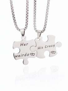 2pcs Stainless Steel Creative Geometric Puzzle Pendant Necklaces For Couples, "Her Weirdo, His Crazy" Letter Design Jewelry Sets, Gift For Christmas, New Year, Valentine's Day,Mom,Mother,Mother's Day,Gift - Multicolor - View 2
