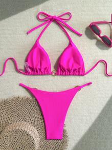Shiny Fabric Solid Gold Round Ring Accent Halter Tied Bikini Set, For Spring Break & Summer - Hot Pink - View 2