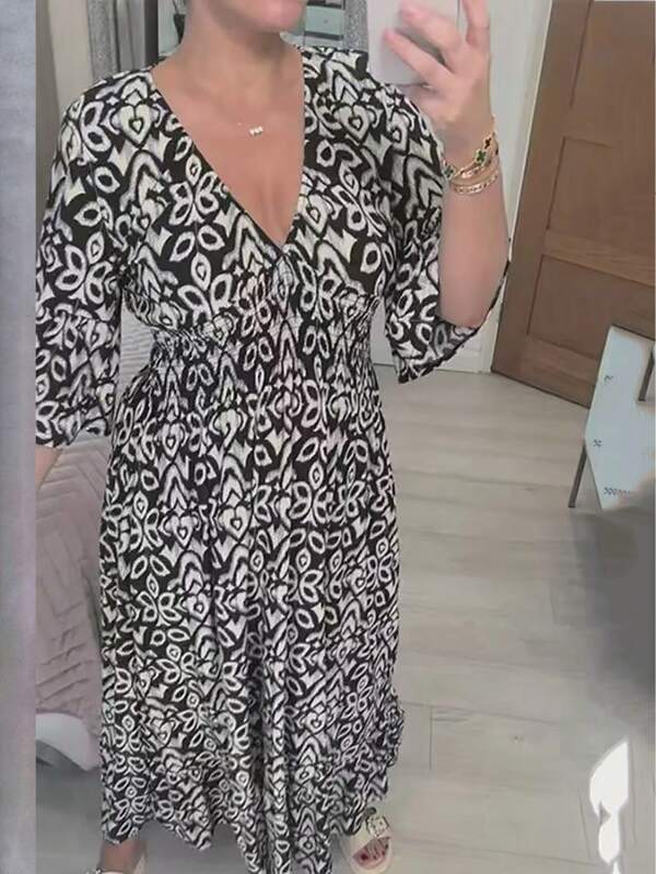 2025 Nowa sukienka damska z dekoltem w serek i drobnymi kwiatowymi detalami, luźna, swobodna, długa, elastyczna w czterech kierunkach