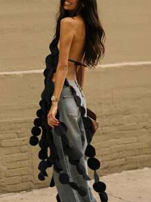 Party Versatile And Sexy Sleeveless Backless Hollow Out Ribbon Long Top - Black - View 3