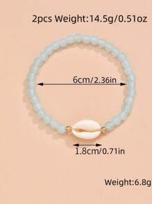2pcs Retro Turquoise Cross & Shell Woven Adjustable Anklet, Acrylic Beaded Women Beach Jewelry Set - Beige - View 6