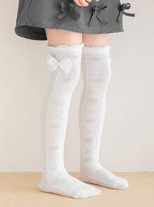 1 双女童公主风格蝴蝶结点缀轻盈柔软及膝袜，白色，适合春秋季节日常生活 - 白色 - 查看 9