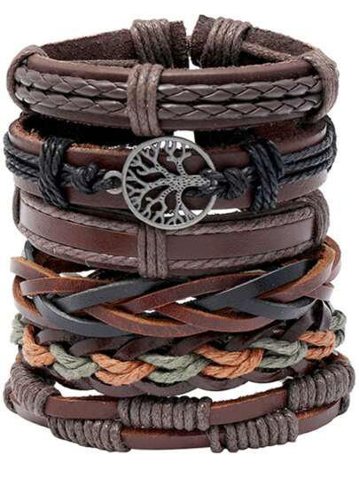 6pcs Vintage Handmade Braided Leather Bracelets DIY Peace Tree Combination, Men Jewelry Accessories Wholesale, European And American Style