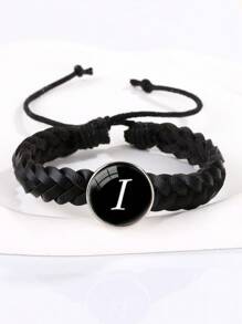 1 chiếc vòng tay bện có thể điều chỉnh khắc chữ cái bằng da đen dành cho nam - màu đen - Xem 16