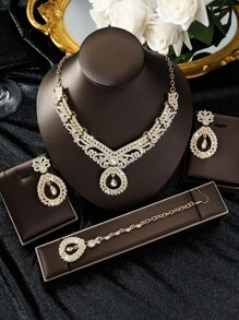 Juego de joyería de 4 piezas, lujoso y elegante, con cristales, que incluye aretes, collar, accesorio para el cabello, adecuado para novia de Dubái, fiesta de boda - conjunto de joyas - Ver 13