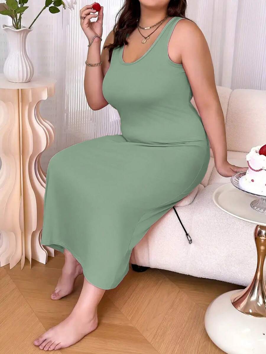1 件大码女式优雅睡袍，纯色圆领舒适吊带宽松睡衣 - 綠色 - 查看 1