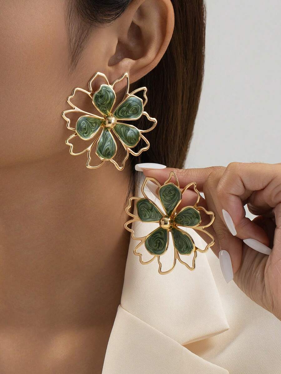 1 对个性化镂空双层绿油滴花耳环，适合女士 - 綠色 - 查看 1