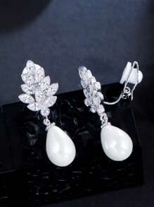 1 Pair Sparkling White CZ Leaf Dangling Pearl Non-Pierced Ear Clips Earrings For Women Without Ear Holes, Jewelry For Brides, Engagement, Wedding, Bridal, Banquet, Party, Prom, Pageant, Bridesmaids, High Quality Accessories - 1 Pair Clip On Earrings - View 12