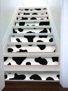 7/14/21pcs Black & Blue Cow Print Stair Stickers, Self-Adhesive Thick Removable DIY Stair Tread Decals, Suitable For Kids Room, Nursery, Activity Room Stairs Decoration, Renovation, Size: 6.97*41.73inch