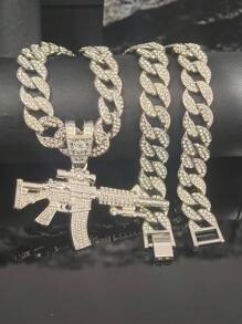 طقم مجوهرات شخصي للرجال من سبائك المعادن مرصع بالراين ستون 3D على شكل بندقية، قلادة، سوار، ساعة هدية، ملحقات أنيقة على الطراز الأوروبي والأمريكي لموسيقى الهيب هوب، علبة هدايا فاخرة