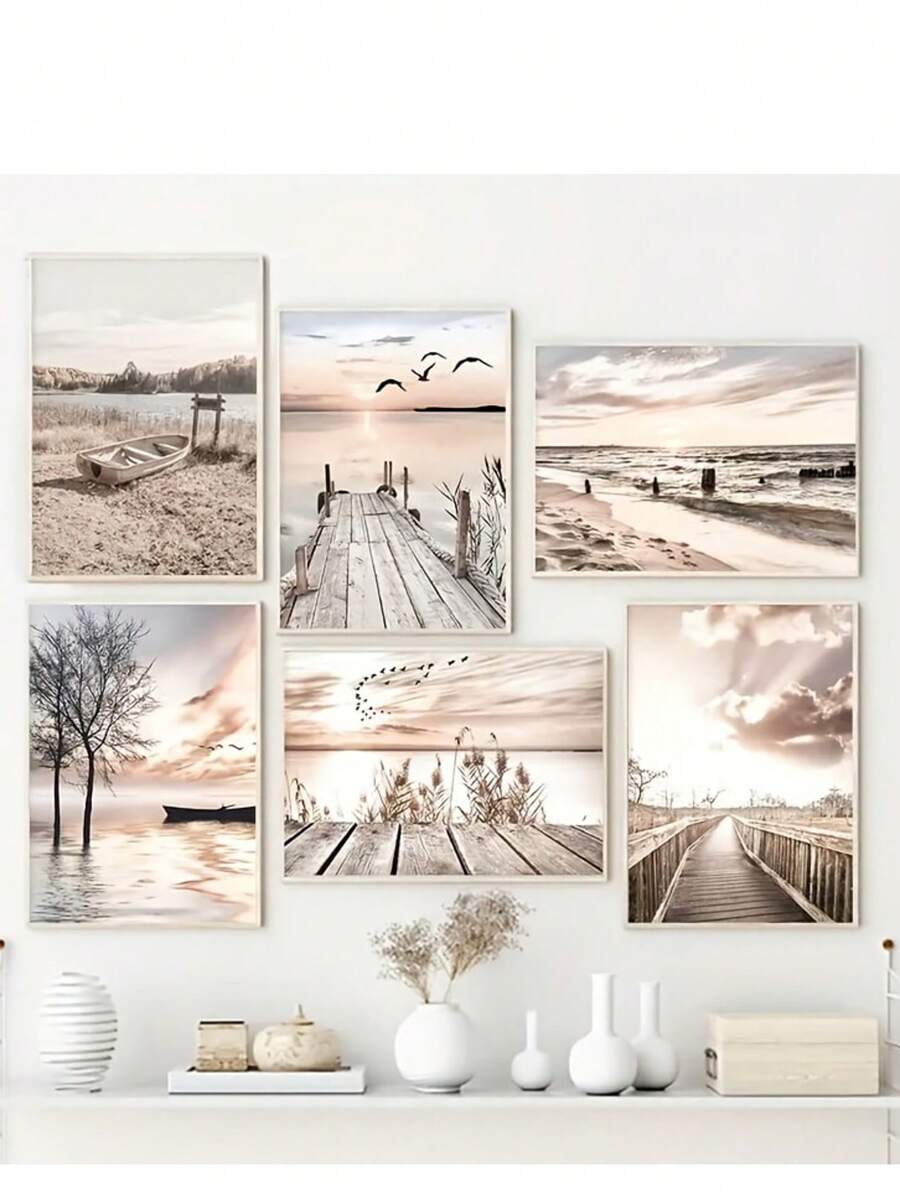 6pcs Unframed Beige Canvas Poster, Lake Boat Bridge Hay Reed Landscape Painting, Canvas Wall Art, Artwork Wall Painting For Gift, Bedroom, Office, Living Room, Cafe, Bar, Wall Decor, Home And Dormitory Decoration Gifts Birthday Graduation Coastal Decor Coastal Decor Beach Decor - 6 Pieces/set - View 1