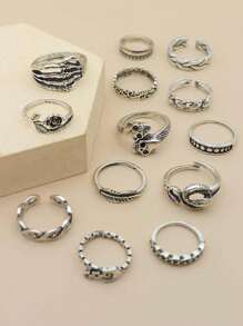 13pcs/Set Moon, Snake, Skull, Rose, Leaf, Star Adjustable Knuckle Rings Set, Women Party Gift - Antique Silver - View 2