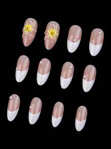 Instantly Upgrade Your Look With 24PCS Medium Almond White French Style Pastoral Style Yellow Floral&Elegant Classic Pearl Decor 3D Full Cover Fake Nail Kit Will Give Your Look A Lovely And Sweety Suitable For Spring Dating And Holiday Press On Nails