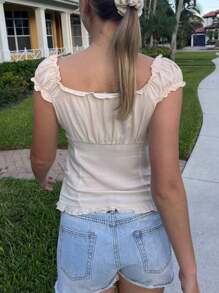 Women Y2k Fairy Grunge Button Down Shirts Tops Cap Sleeve Ruffle Sweetheart Neck Slim Fit Frill T Shirts Off The Shoulder Crop Tops Summer Going Out Tops Casual 90S Vintage Blouse Streetwear 2000s Aesthetic Clothes - Màu be - Xem 3