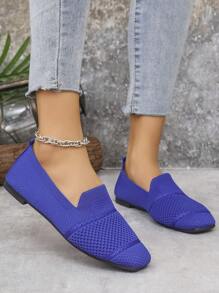 Women's Knit Flat Square Toe Loafer Shoes, Comfortable Breathable Casual Mom Shoes For Spring & Autumn