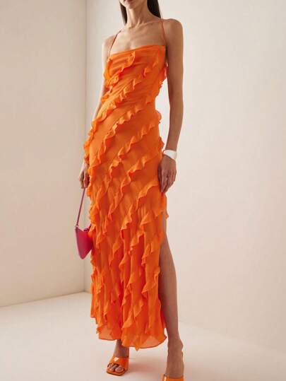 Summer New Arrival European Style Formal Dress, Frill Trim Spaghetti Strap Split Off-Shoulder Midi Dress