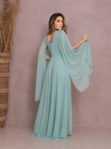 Women's Long Party Dress Slit Cape Sleeve V Neck Solid Color Elegant New Year's Eve Plus Size - Màu xanh Bạc hà - Xem 3